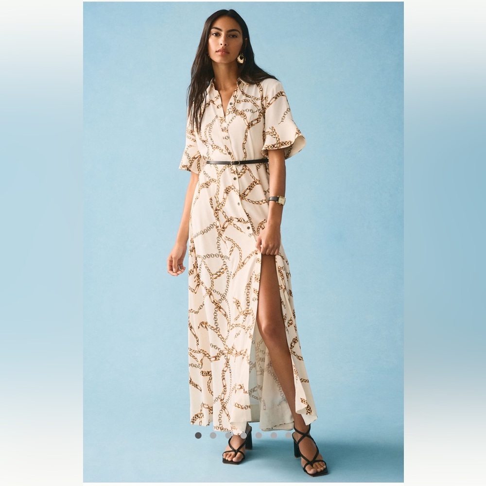 Anthropologie Cream and Gold Chain Maxi Dress